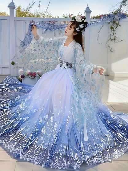 Targeted Women'S Hanfu, Embroidered Strapless Top, White Jacket with Star Pattern, Blue Skirt with Star Design, Elegant and Comfortable Hanfu