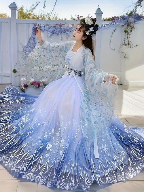 Targeted Women'S Hanfu, Embroidered Strapless Top, White Jacket with Star Pattern, Blue Skirt with Star Design, Elegant and Comfortable Hanfu
