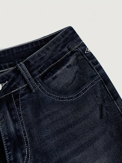 Women'S Vintage Stretch Flare Jeans - Cross Embroidery & Belt Loop Detailing, Slim Fit Elegant Denim for All-Season Wear