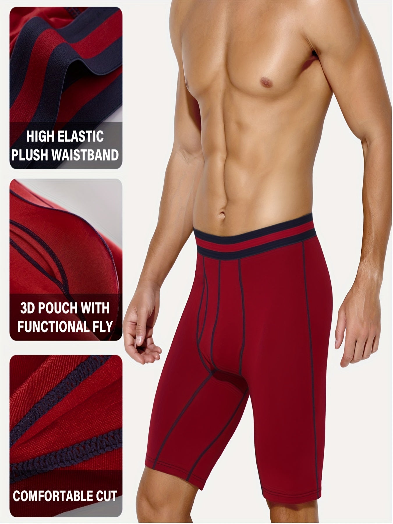 4pcs Men's Long Leg Cotton Underwear Total Support Pouch Boxer Briefs with Open Fly Pouch, Men's Cycling Sports Wear Bottoms, Moisture Wicking & Breathable Slimming Shapewear Body Shape for Men