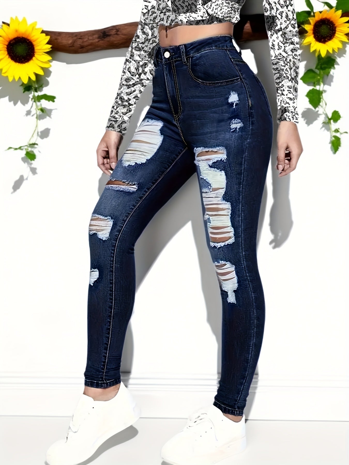 Ladies High Rise Distressed Skinny Jeans, Dark Blue Stretch Denim, Ripped Frayed, Casual Streetwear Night