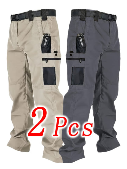 2pcs Men'S Tactical Pants - Heavy-Duty, Adjustable Belt & Multi-Pocket Design, Durable Outdoor Pants For Hiking, Hunting, Climbing, Casual Wear