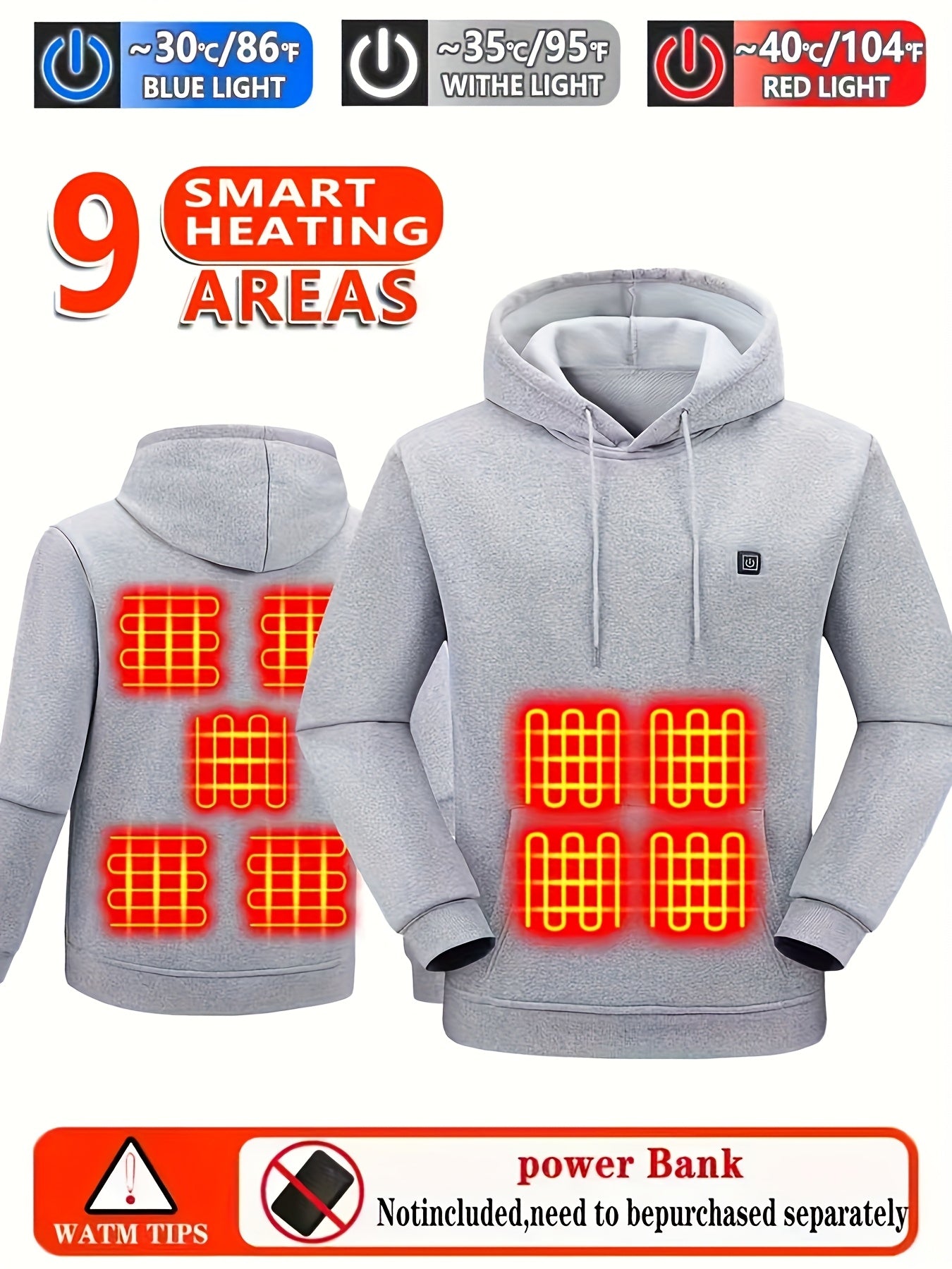 Men's Heating Hoodie with 9 Heating Zones, Electric Heating Sweatshirt, Winter Thermal Pullover Sweater Fall/Winter Essential Hoodie (Battery Not Inculded)