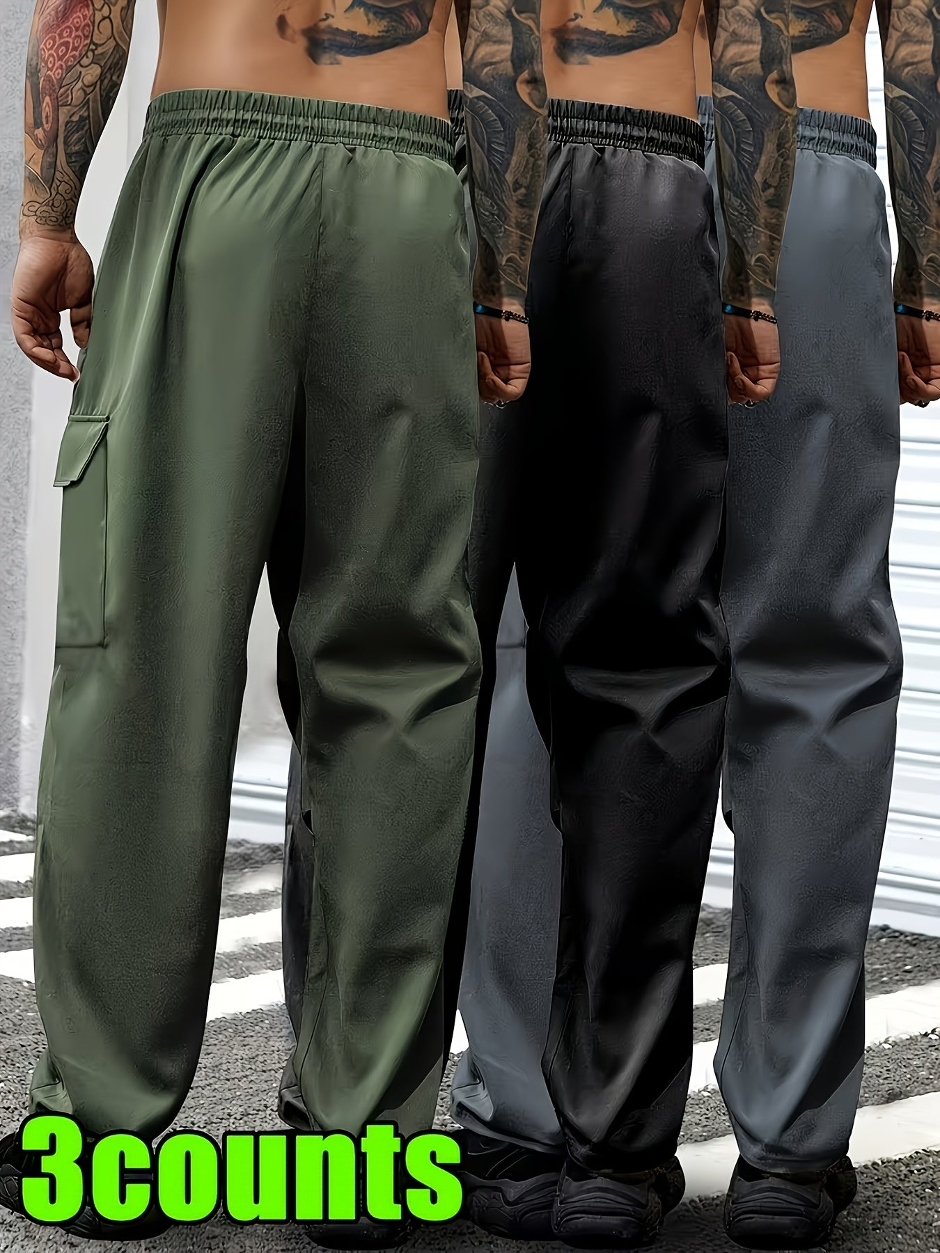 3pcs Men'S Slim Work Pants, With Drawstring Elastic Waist, Zipper Pocket And Large Patch Pocket. Comfortable And Breathable, Suitable For Outdoor And Daily Casual Wear.