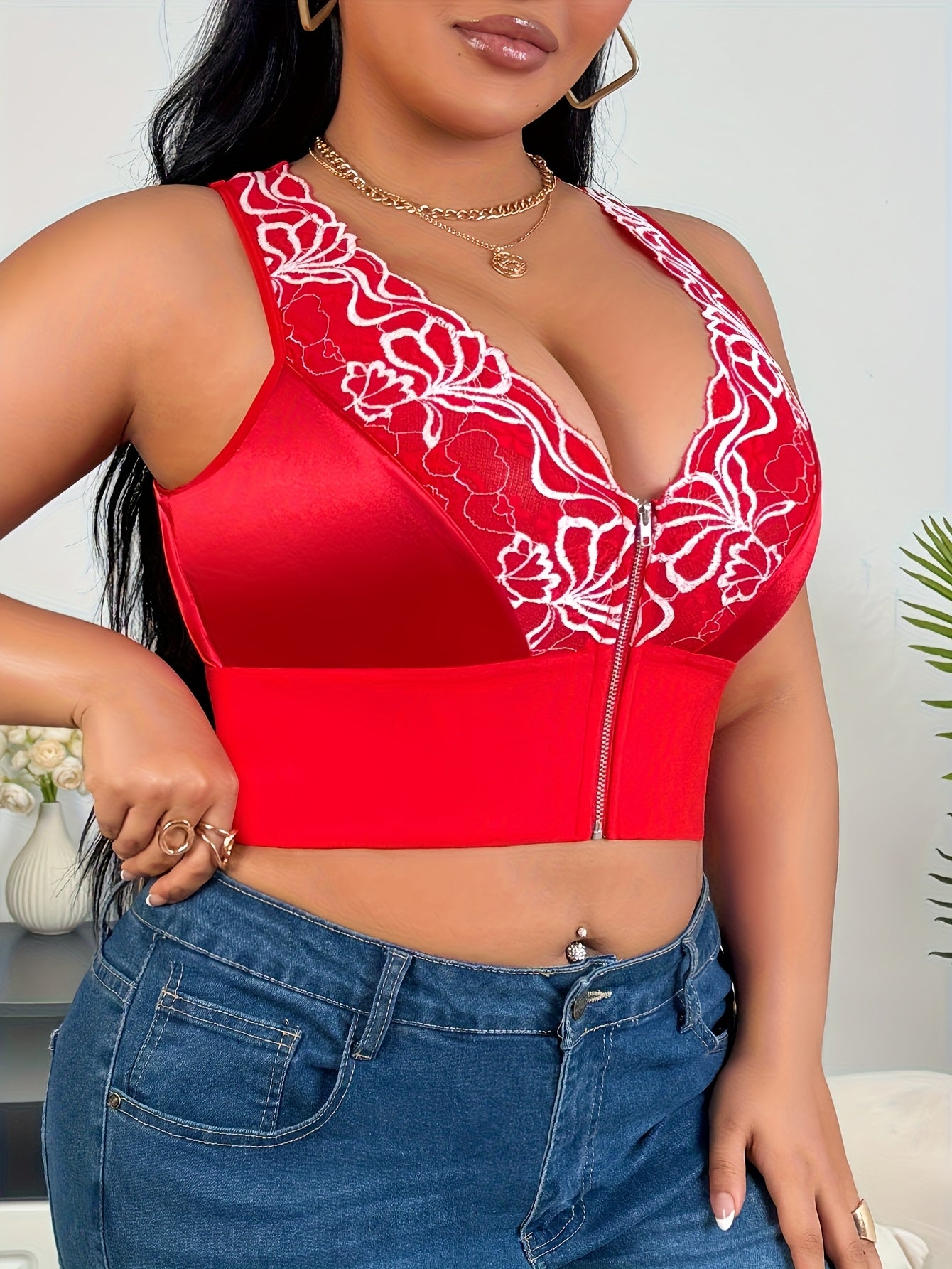Women's Plus Size Full-Coverage Wire-Free Bra & Shaping Sleeveless Tank Top - Adjustable Zipper Closure, Lace Flower Print, Back-Tightening Shaping Design, Soft Stretch Fabric for Daily Wear & Special Occasions - Lingerie (Hand Washable, No Underwire)