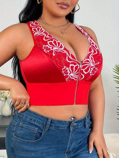 Women's Plus Size Full-Coverage Wire-Free Bra & Shaping Sleeveless Tank Top - Adjustable Zipper Closure, Lace Flower Print, Back-Tightening Shaping Design, Soft Stretch Fabric for Daily Wear & Special Occasions - Lingerie (Hand Washable, No Underwire)