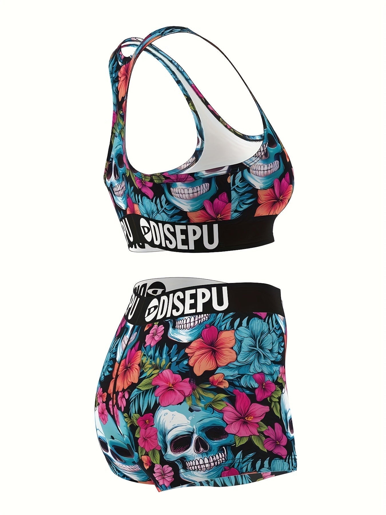 A Vibrant Floral Skull Design Sports Bra And Shorts Combo, Featuring High Elasticity And Breathability, Perfect for Fitness Activities, Swimming, Yoga, Running, And Casual Outings