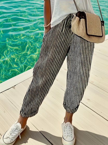 Women's High-Waisted Casual Wide Leg Pants - Lightweight Polyester, Machine Washable, All-Season Comfort with Side Stripe Detailing, 3/4 Length Relaxed Fit for Casual Attire, Comfy Pants, Versatile Wardrobe Staple, Stylish Stripe Detailing, Durable Constr