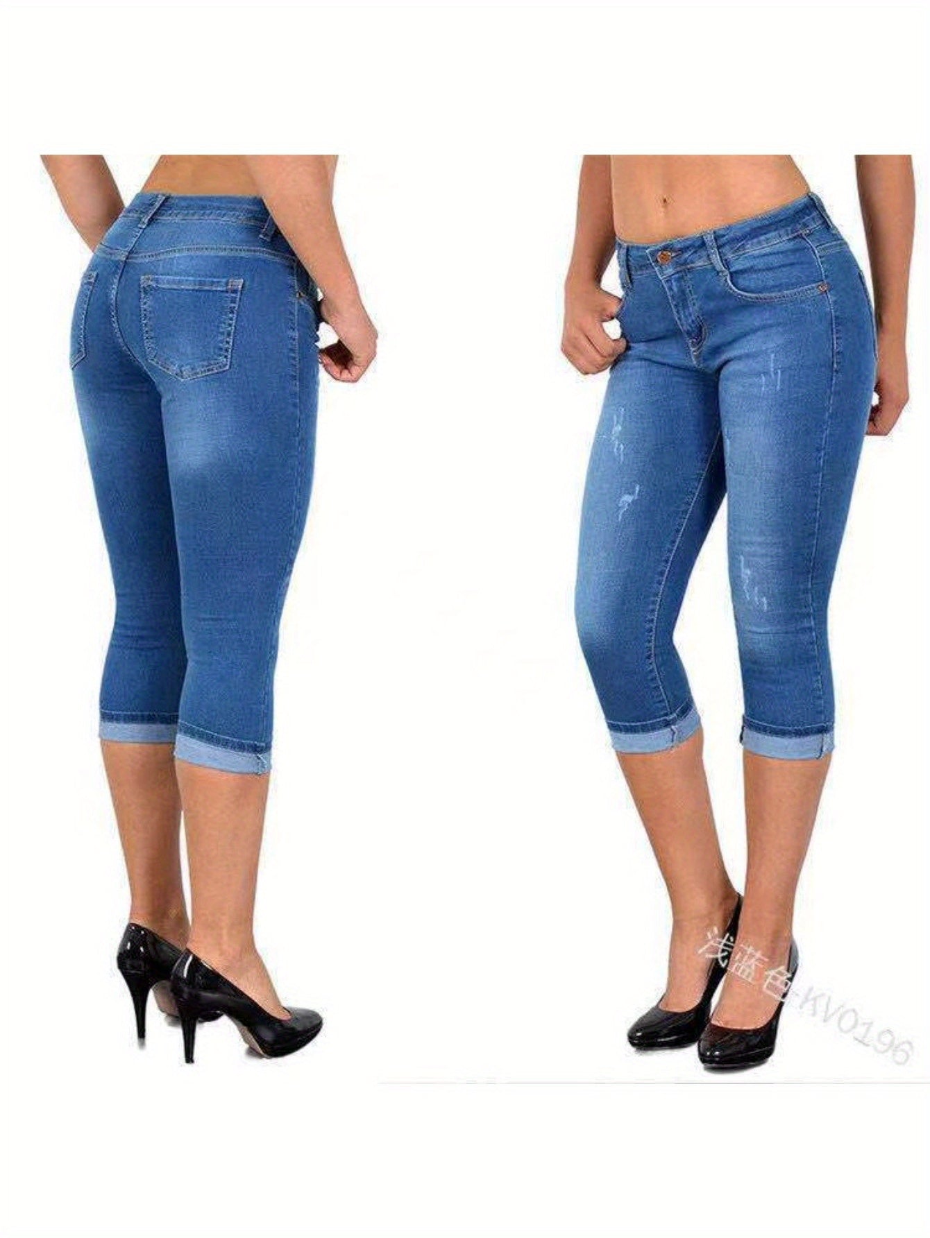 Women's Stretch Skinny Capri Jeans - Slim-Fit Cropped Denim Pants with Elastic Waistband, Street Style Summer Casual Solid Color, Machine Washable, Elastic Waist Jeans, Comfortable Fashion, Stylish Silhouette, Durable Fabric
