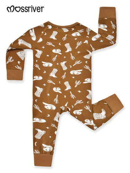 US MOSSRIVER Baby Long Sleeve Romper - Super Soft Bamboo Onesies with Brown Cowboy Design - Cozy for Every Season, Ideal for Presents, for Outdoor