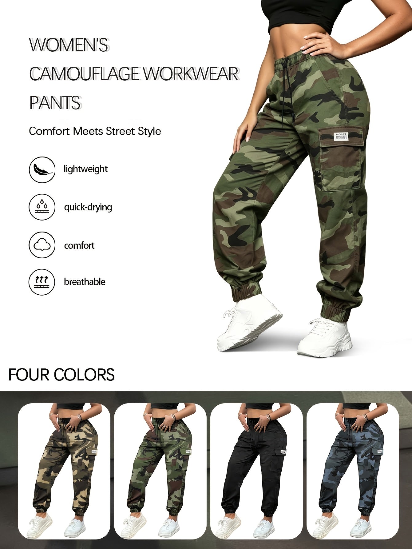 Women'S Lightweight Quick-Dry Camo Cargo Pants - Tapered Leg Elastic Drawstring Waistband Breathable Tactical Pants