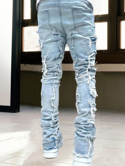 [HME] Men's Fashion Trendy Brand Jeans, Three-dimensional Cut And Creative Tassel Details, Street Hip-hop Style, Fringed Hem Design, Mid-waist Elastic Slim Flared Pants, Casual And Versatile Trendy Men's Plus-size Denim Trousers, PLUS SIZE