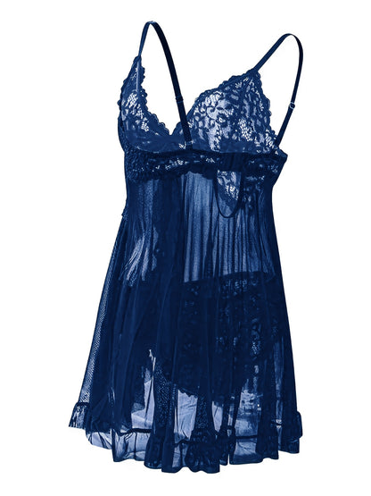 Big Size Sultry Valentine Lace Sleepwear Dress Set - Exquisite Lace, Flattering V-Neckline, Daring Backless Design, Delicate Ruffle Trim, Trendy Split Hem, Seductive Thong Detail, Ultra-Comfortable Fabric, Perfect For Romantic Night, Anniversary Gift