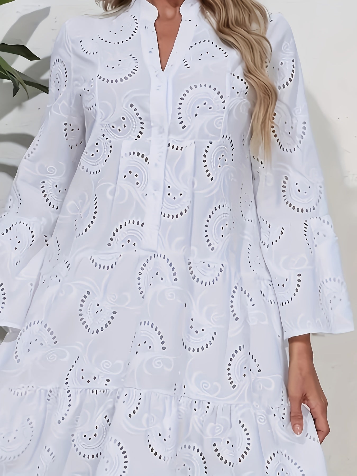 Elegant Mint Green V-Neck Shirt Dress with Bell Sleeves and Lace Cut-Out Detail - Chic Long Casual Dress for Women, Ideal for Home Gatherings and Parties, Casual Party Dress|Bell Sleeve Dress|Machine Washable Dress, Cute Dresses