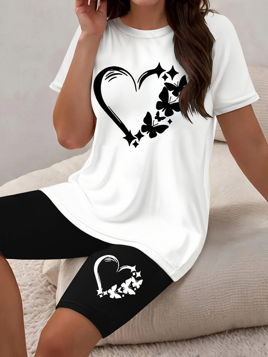 0314Gwen, a Casual Women'S Clothing Set Featuring a Heart Design, Includes a Short-Sleeved T-Shirt with a Round Neck And Fitted Shorts