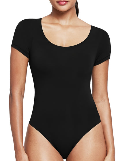 Women's Classic Scoop Neck Short Sleeve Bodysuit - Soft Nude Stretchy Breathable Fabric, Lightweight All-Season Versatile Wear for Office, Vacation & Parties, Sexy Short Sleeves Blouses, Office Outfit, Minimalist Style, Comfortable Fit, Fitted Top, Office