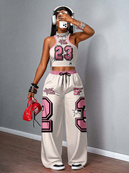 Vest Wide-Leg Pants - Two-Piece Set - Casual Street Fashion Versatile - Color-Blocking Belt Jumpsuit - Loose Pants Suit - Party Sexy Hot Outfit - Number 10 Print Drawstring Waistband - Suitable for Multiple Occasions