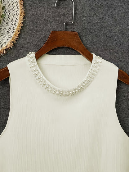 [Plus Size Tank Top] Plus Size - Ladies' Spring/Summer Fashion Nail Bead Solid Color Sleeveless Tank Top Elegant Breathable Large Top