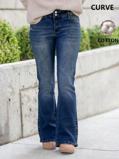 Plus Size Flared Jeans – Fashionable Blue Color, Highly Versatile. Pocket Pattern Design, These Wide-Leg Flared Pants Are Wearable All Seasons
