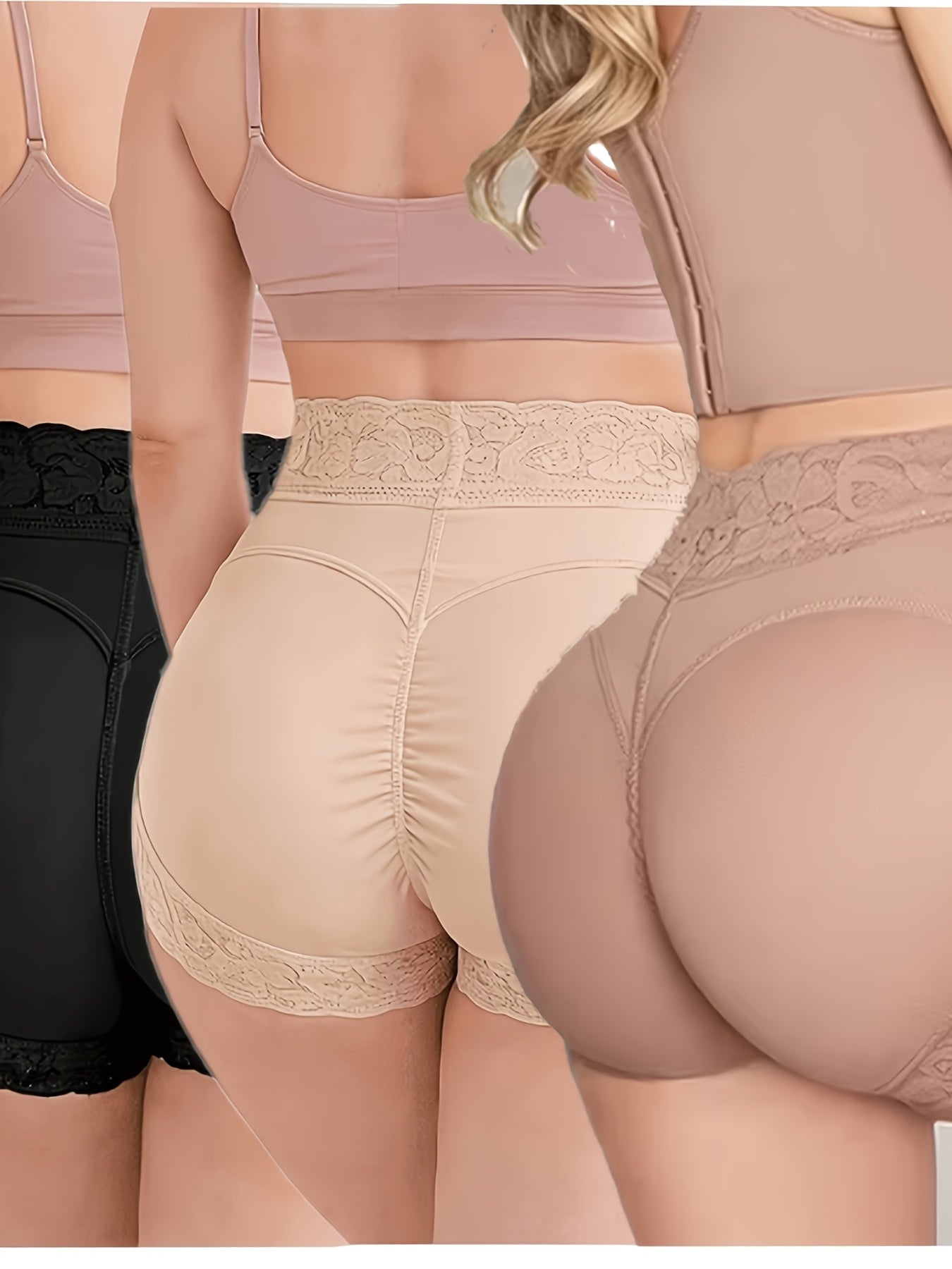 3pcs Mixed Color Shaping Butt-Lifting Panties, Women's Shaping Underwear, Butt Lift Panties, High-Waist Tummy Control, Lace Trim, Postpartum Tummy Control, Base Layer Tights