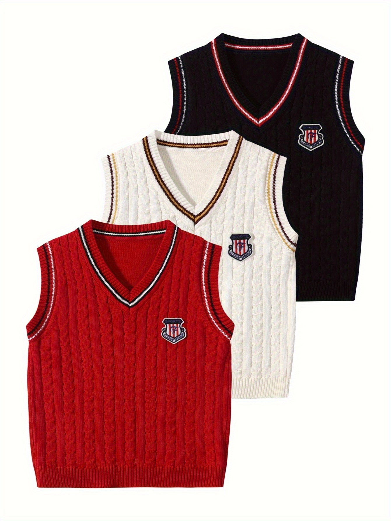 Set of 3, Knitted Undershirts for Kids Suitable for Autumn And Winter, Featuring a Collegiate Style Vest And Sleeveless Design
