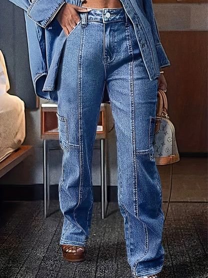 HME New Autumn/Winter Women's Stretch Flare Jeans, Heavy-Duty Washed Vintage Blue, Casual Versatile Pencil Pouch Style, Vintage Women's Denim Pants (No Top Accessories)