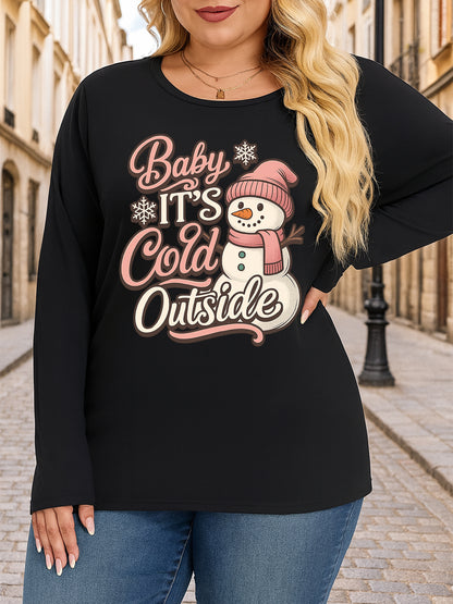 Plus Size, Oversized T-shirt with snowman pattern wearing pink hat and scarf, casual round neck oversized bottoming shirt, oversized long-sleeved T-shirt for spring and summer, Women's swear, new Women's clothing, machine washable