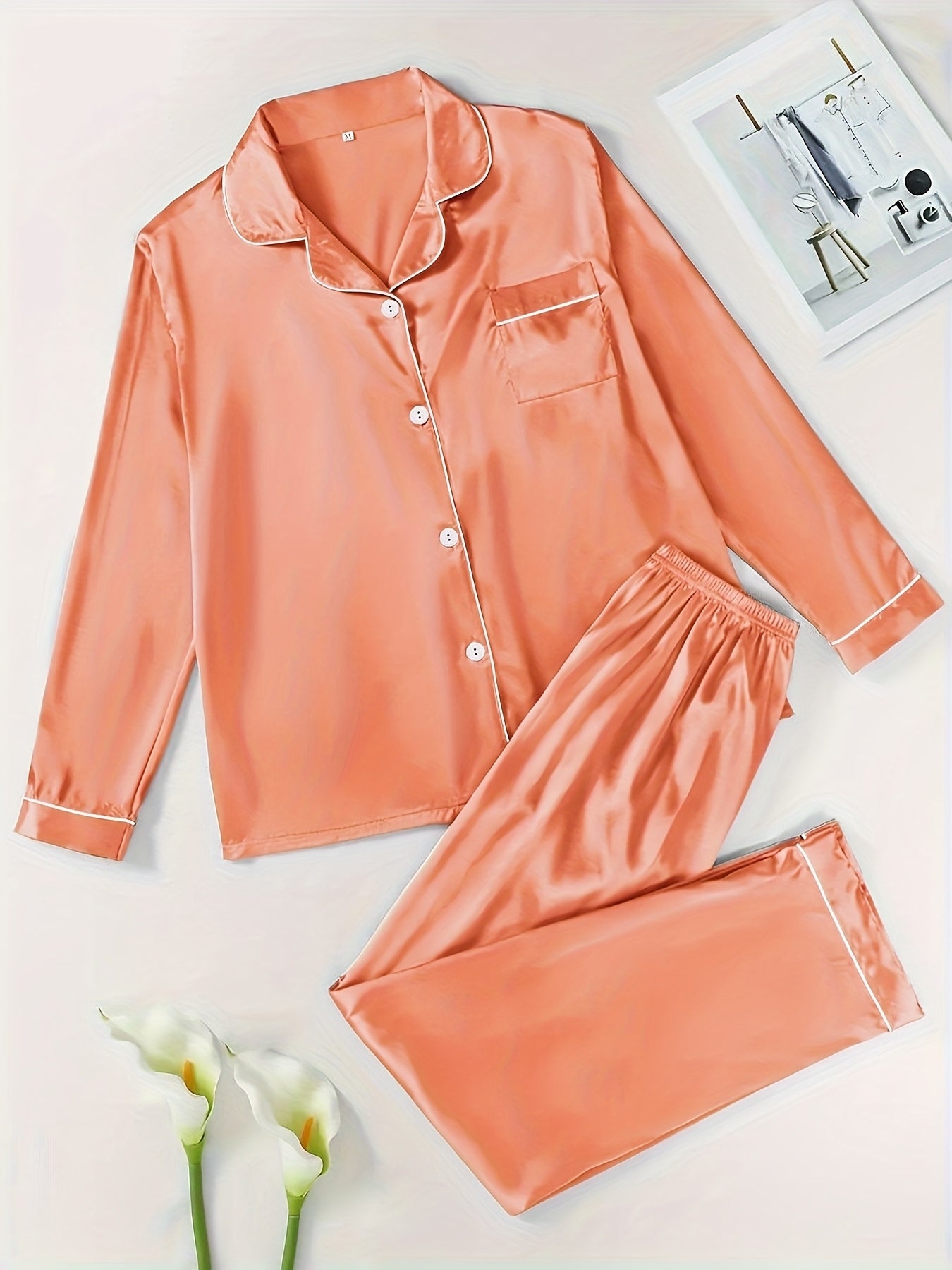Women's Satin Casual Comfortable 1 Set 2pcs Pajama Outfit, Turn- Collar Long Sleeve Top & Elastic Waistband Trousers Women's Sleepwear