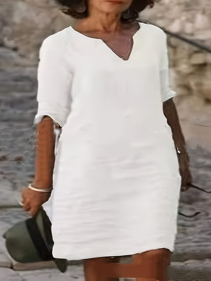 [Stylish Linen Dress] Autumn Linen Dress With A Small V-Neck, Featuring A Stylish And Elegant Look. It Has A Retro, Simple And Solid Color Design, And Comes With Three-Quarter Sleeves
