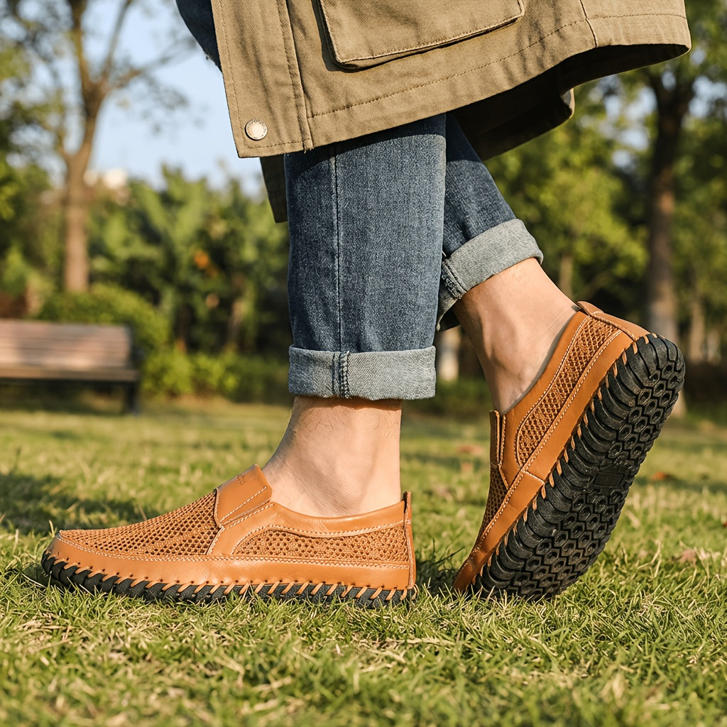 GREKS Men's Mesh Breathable Walking Loafers Outdoor Lightweight Slip-on Mesh Casual Shoes Stitching Honeycomb Hiking Shoes