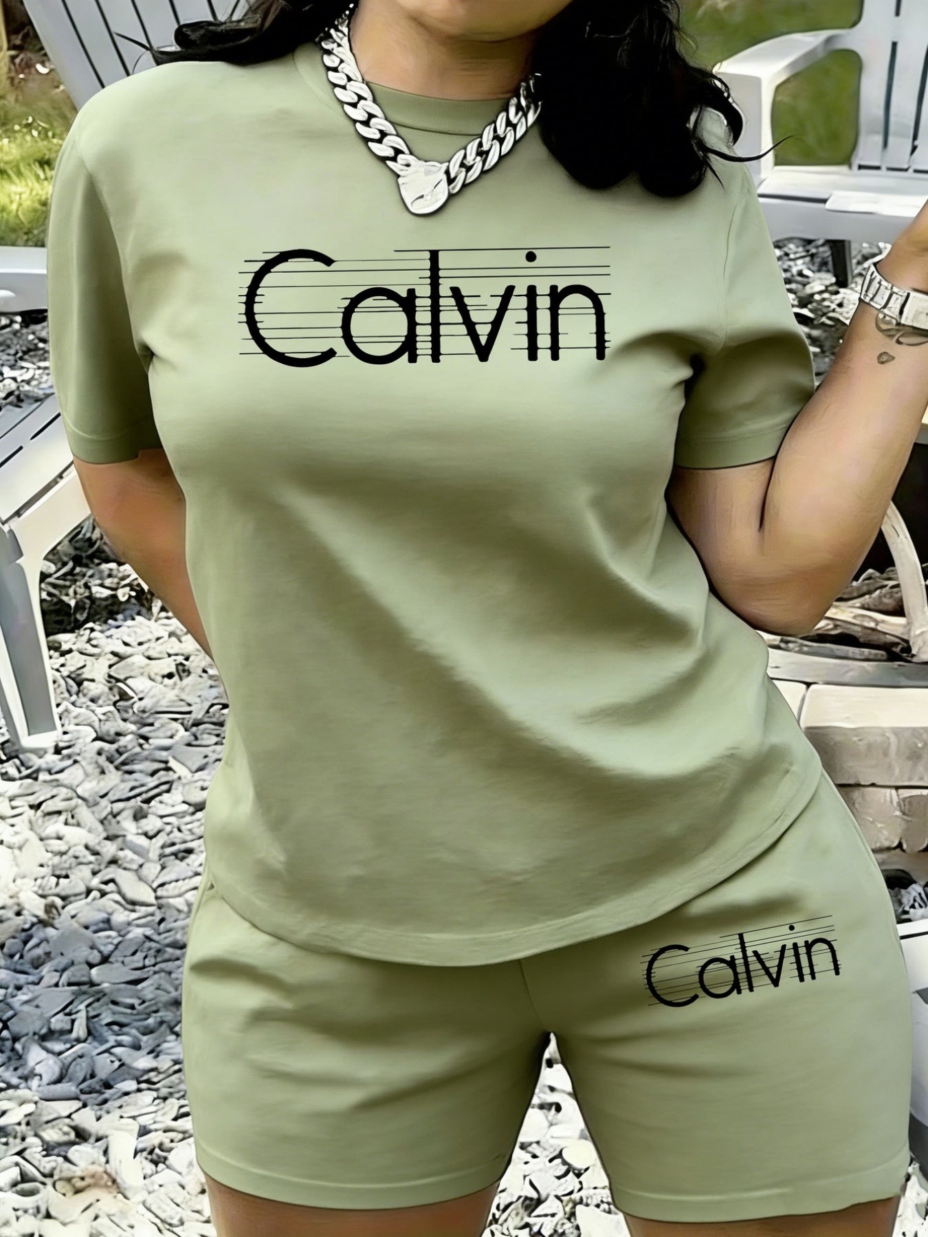 2pcsCalvin, CalvinWomen's Summer Fashion Versatile Cool Print Round Neck Short Sleeve Short Pants with Pockets Casual Set