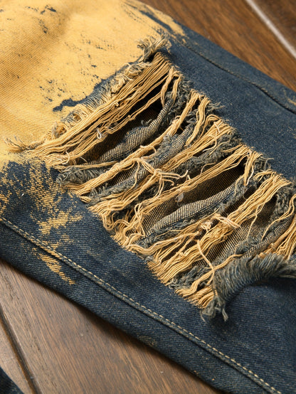 Fashion Trends Stacked Multi-post Fabric Tassels Holes Irregular Tie Flower Splashed Ink Jeans Casual Men's Trousers
