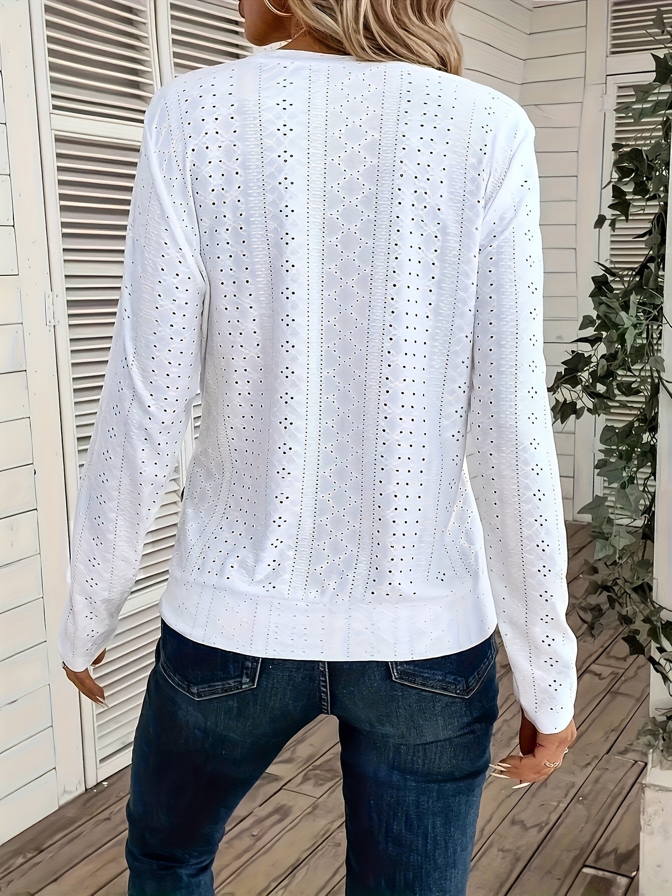 Women's Elegant Long Sleeve T-Shirt - Semi-Sheer Top with Decorative Hollow Buttons, Soft Everyday Blouse for Women, Office, Formal Events - Machine Washable All-Season Tops, Office Attire, Chic Design, Breathable Material, Versatile Topper, Casual Wear