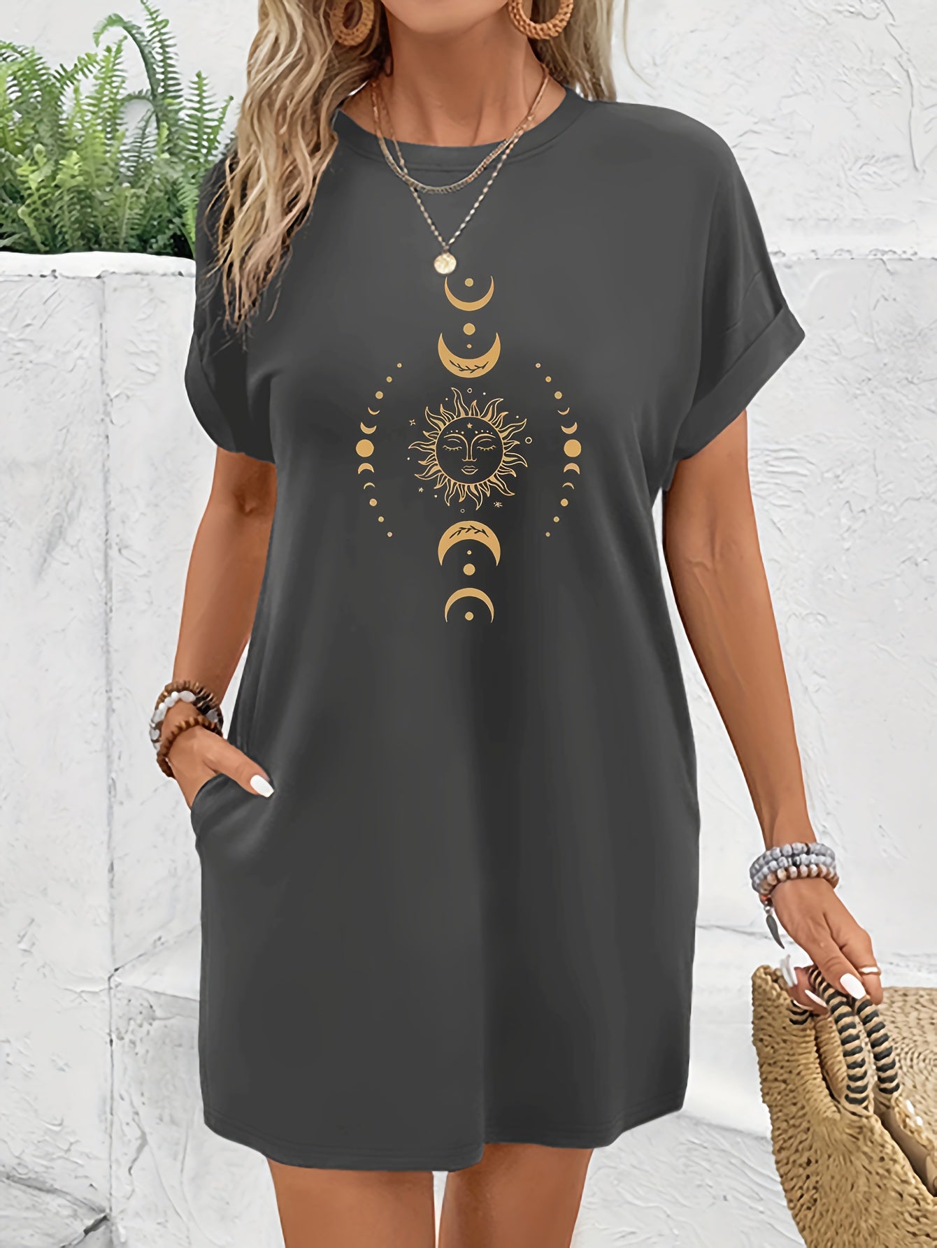 Women's Casual Short Sleeve T-Shirt Dress with Celestial Sun Moon Stars Print - Relaxed Fit Knee-Length Round Neck Machine Washable Spring Summer Dress, Casual Attire, Graphic Tee Style, Medium Stretch Fabric, Boho Style Lovers