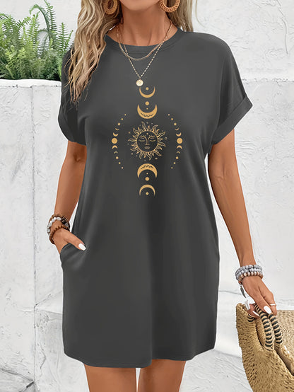Women's Casual Short Sleeve T-Shirt Dress with Celestial Sun Moon Stars Print - Relaxed Fit Knee-Length Round Neck Machine Washable Spring Summer Dress, Casual Attire, Graphic Tee Style, Medium Stretch Fabric, Boho Style Lovers