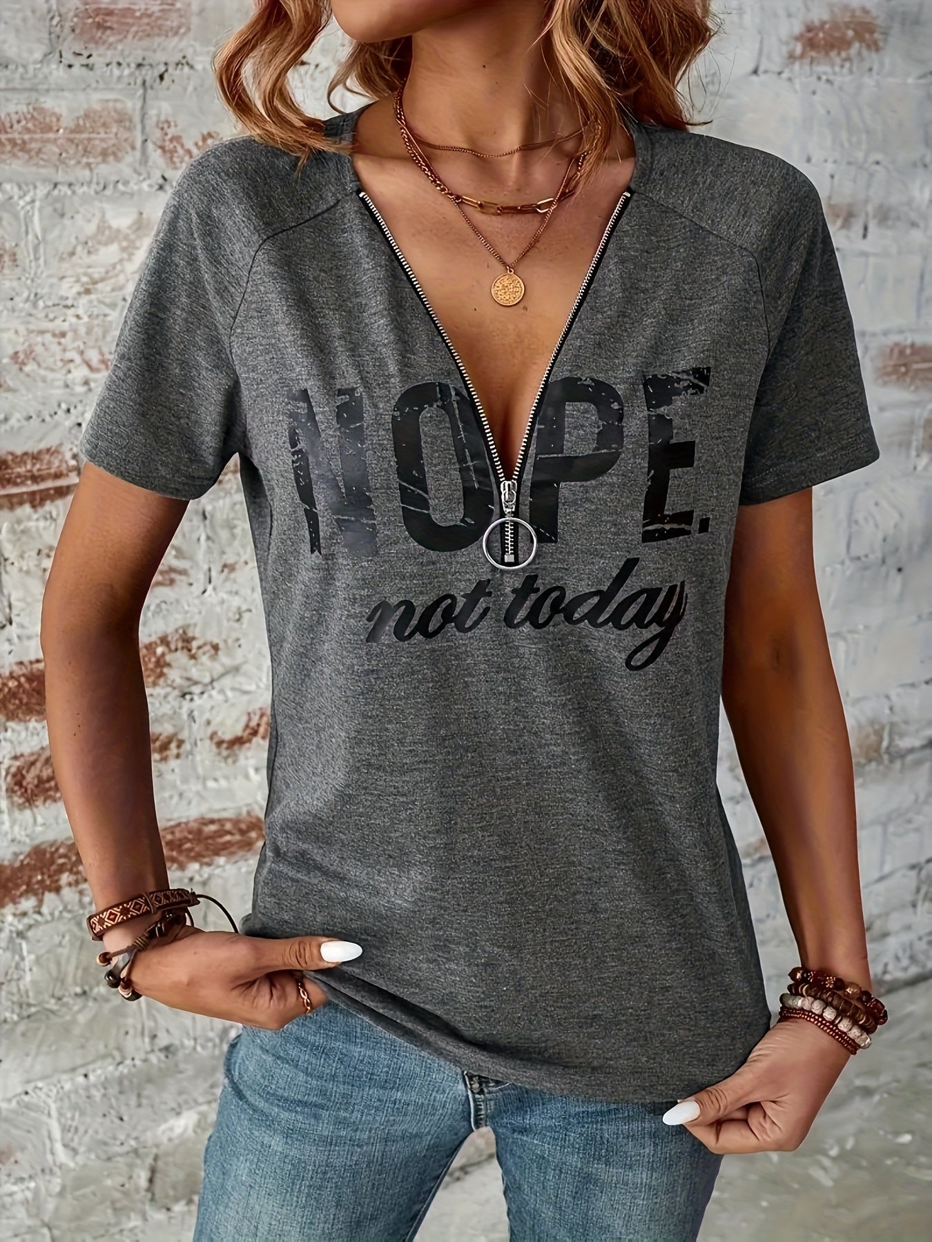 Elegant V-Neck T-Shirt with Zip Detail - Soft, Machine Washable, Letter Print Design for Women