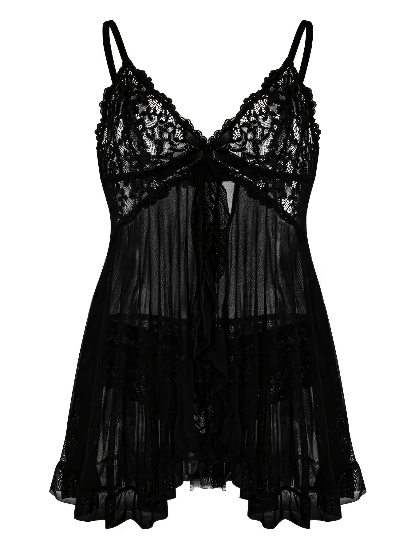 Big Size Sultry Valentine Lace Sleepwear Dress Set - Exquisite Lace, Flattering V-Neckline, Daring Backless Design, Delicate Ruffle Trim, Trendy Split Hem, Seductive Thong Detail, Ultra-Comfortable Fabric, Perfect For Romantic Night, Anniversary Gift
