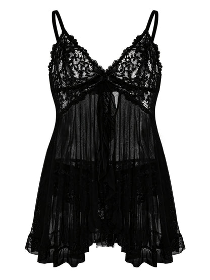 Big Size Sultry Valentine Lace Sleepwear Dress Set - Exquisite Lace, Flattering V-Neckline, Daring Backless Design, Delicate Ruffle Trim, Trendy Split Hem, Seductive Thong Detail, Ultra-Comfortable Fabric, Perfect For Romantic Night, Anniversary Gift