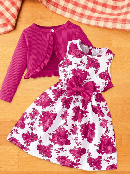Kid Toddler Baby Girl Fall Outfit Ruffle Trim Long Sleeve Cardigan Flower Print Sleeveless A-line Tank Dress with Bow 2pcs Set, Perfect for Outdoor