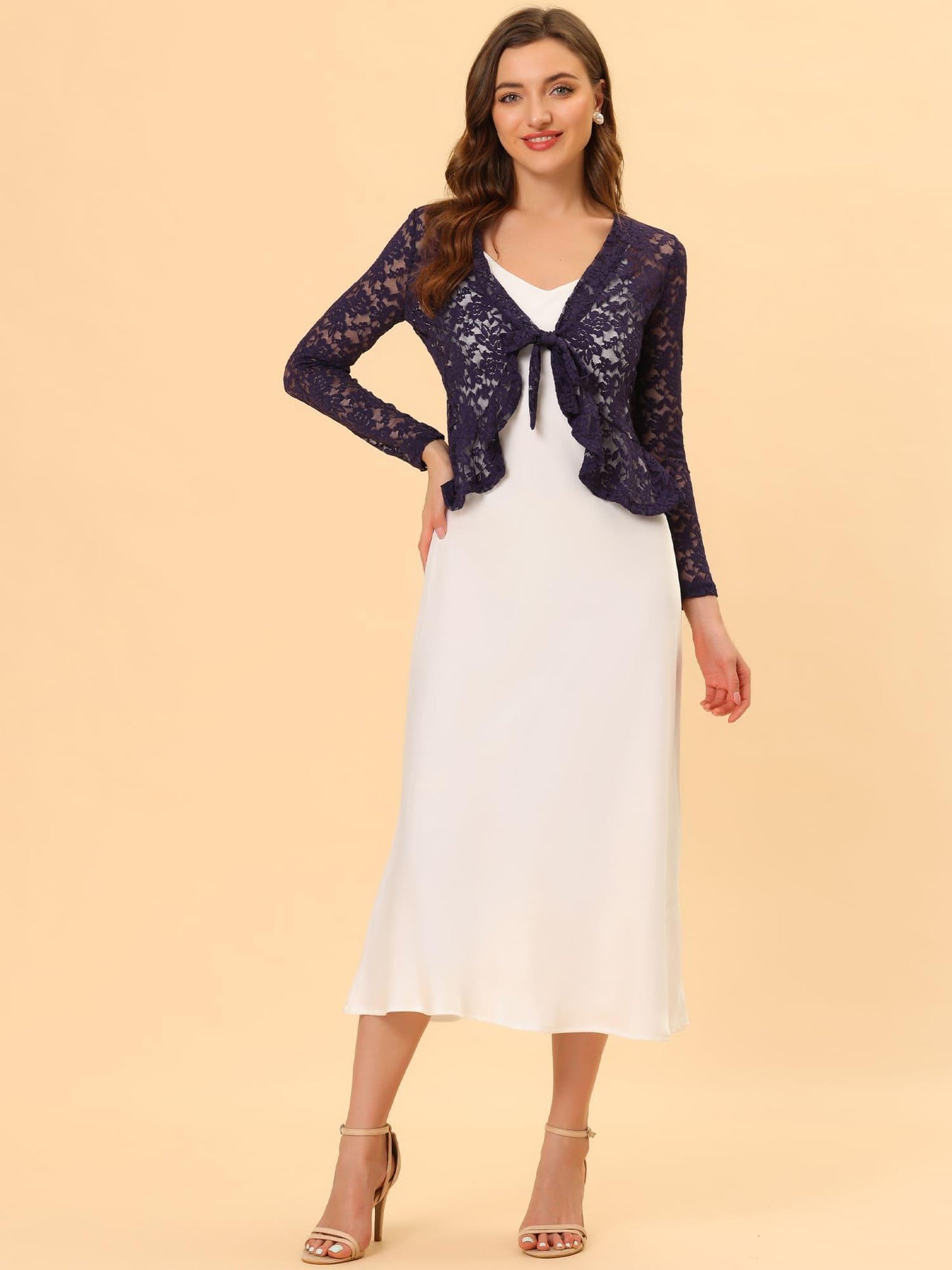 Women's Sheer Crop Bolero Cardigan - Semi-Sheer Lace Shrug with Ruffled Hem & Tie-Front Closure, Blouse for Sleeveless Dresses/Tank Tops (Machine Washable, Spring/Summer Wedding/Office/Cardigan) - 90% Nylon/10% Spandex
