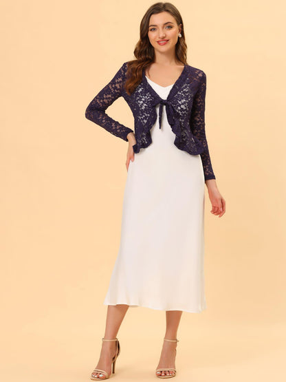 Women's Sheer Crop Bolero Cardigan - Semi-Sheer Lace Shrug with Ruffled Hem & Tie-Front Closure, Blouse for Sleeveless Dresses/Tank Tops (Machine Washable, Spring/Summer Wedding/Office/Cardigan) - 90% Nylon/10% Spandex