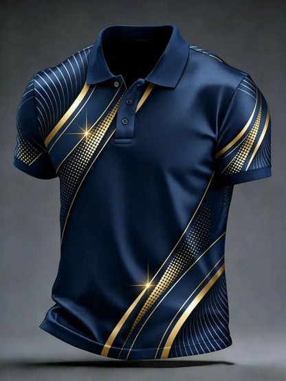 Plus-Size Plus-Size Men's Short-Sleeve Shirt, Light Luxury Navy Blue Golden Twill Glossy Men's Shirt with Golden Foil Print And Turn- Collar, Casual Commuter Top, PLUS SIZE