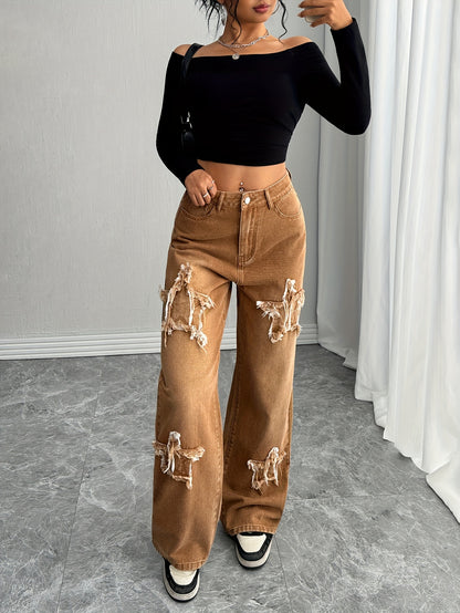 Melard colorway American street style star patchwork washed wide-leg straight jeans