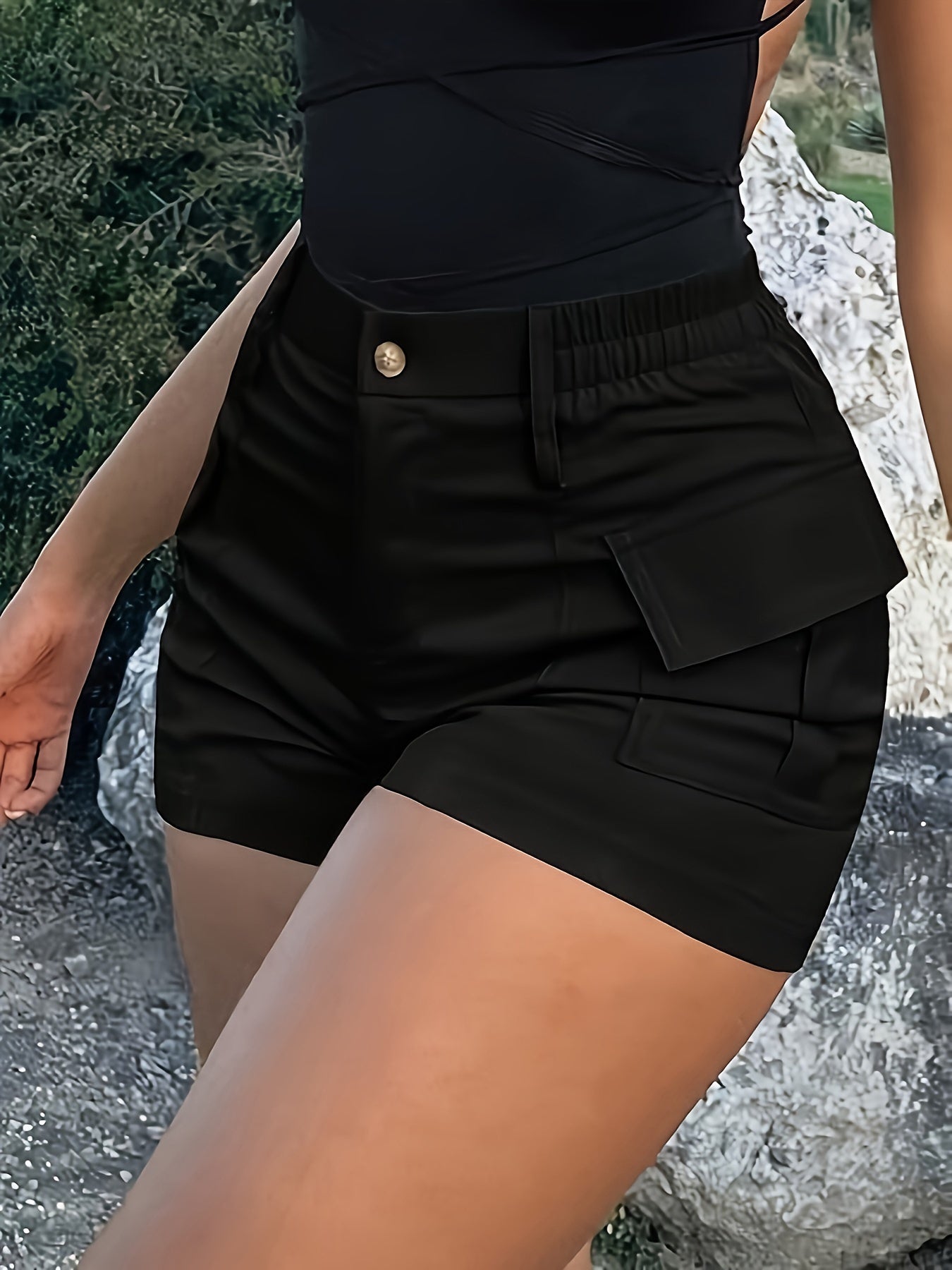 Women's Casual Street Trend High Waist with Pockets Skinny Stretch Shorts Women