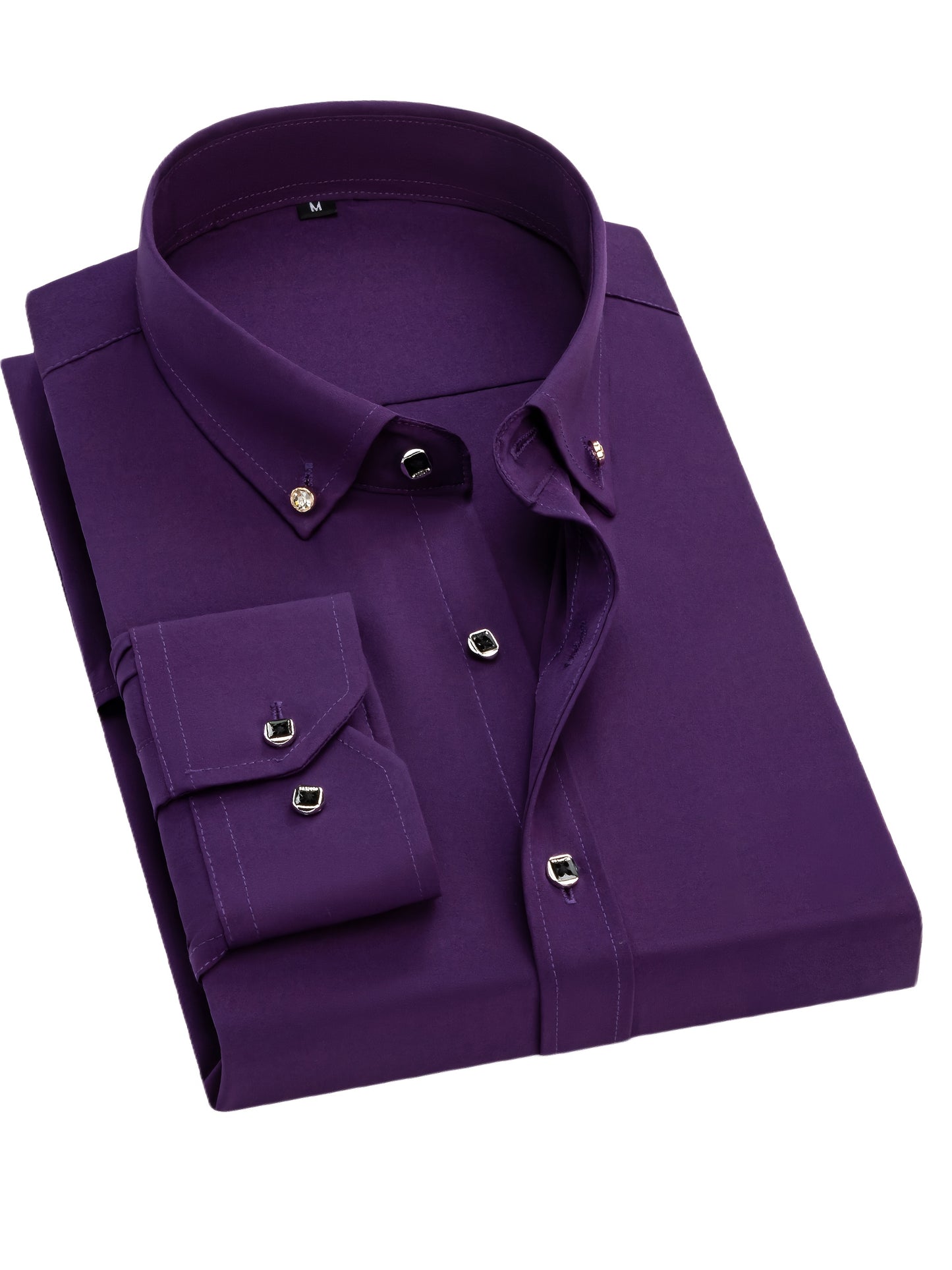 Father'S Day Gift Choice, Men'S Long Sleeve Button Shirt, Crystal Button Design, Solid Color Plain Formal Business Attire, Great As Gift for Party, Wedding, Date Dress Shirt