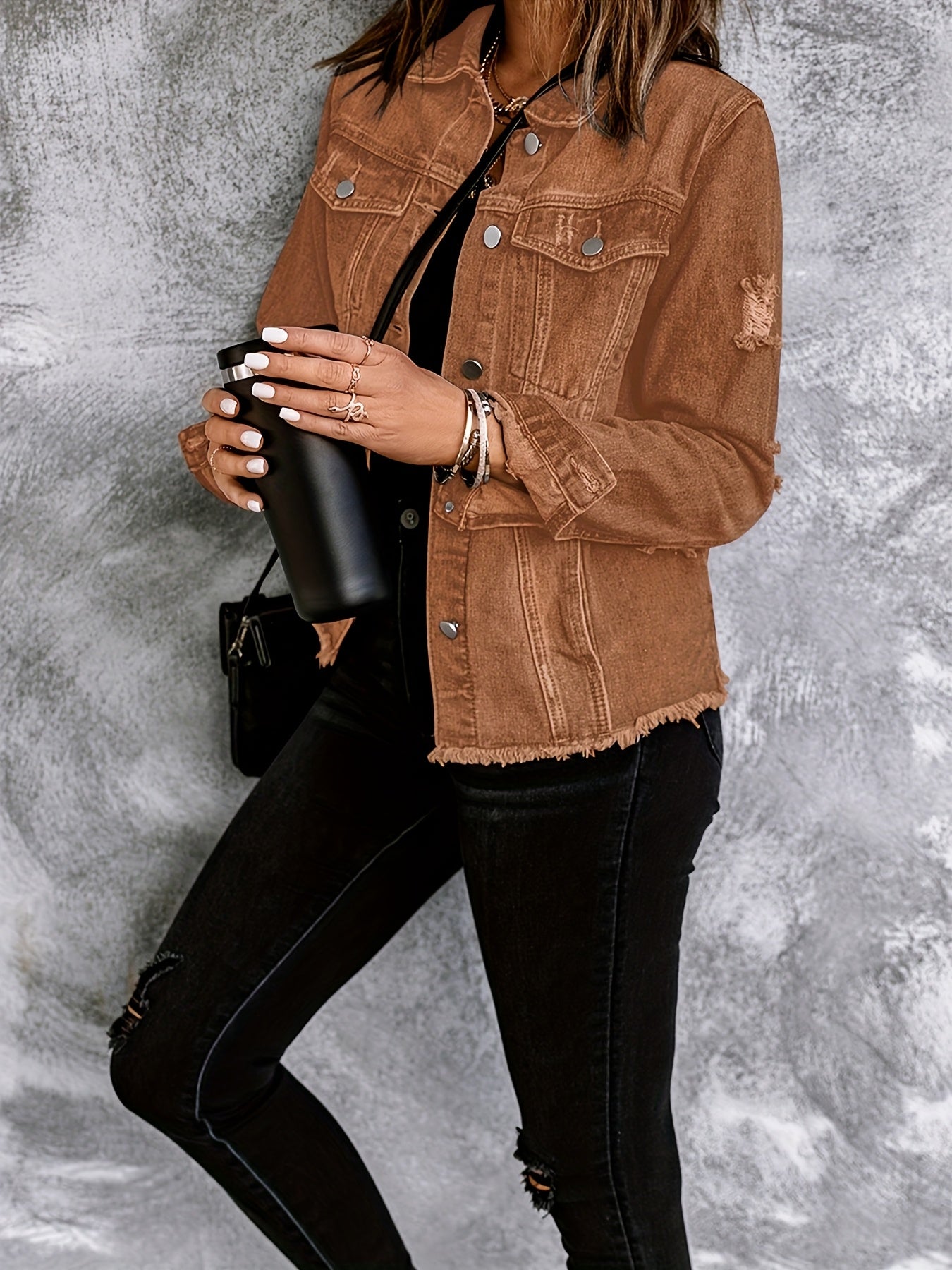 Women's Ripped Washed Button-Up Boyfriend Denim Jacket Coat with Pockets, Casual Classic Distressed Denim Outerwear TZ001