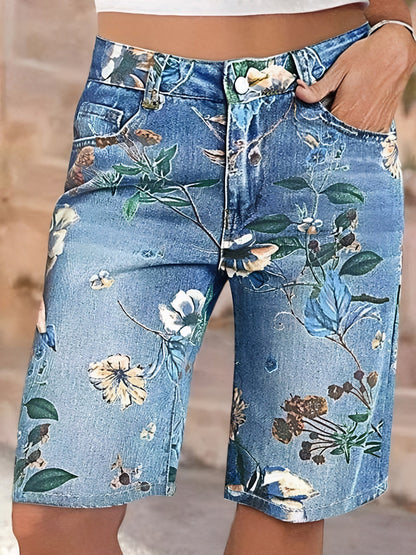 Plus Size Women Summer Clothes Women'S Stretch Floral Print Plus-size Denim Shorts, High-waisted For A Flattering And Effect, Retro Street Style, Highly Stretchy And Comfortable Fit, Perfect For Spring And Summer.