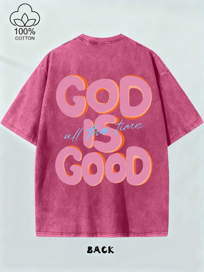 A 250G Washed Short-Sleeve Top with a Round Neck Featuring The Phrase 'GOD IS GOOD', Showcasing a Unique Double-Sided Design. This Is a New Collection for Spring And Summer Suitable for Both Men And Women