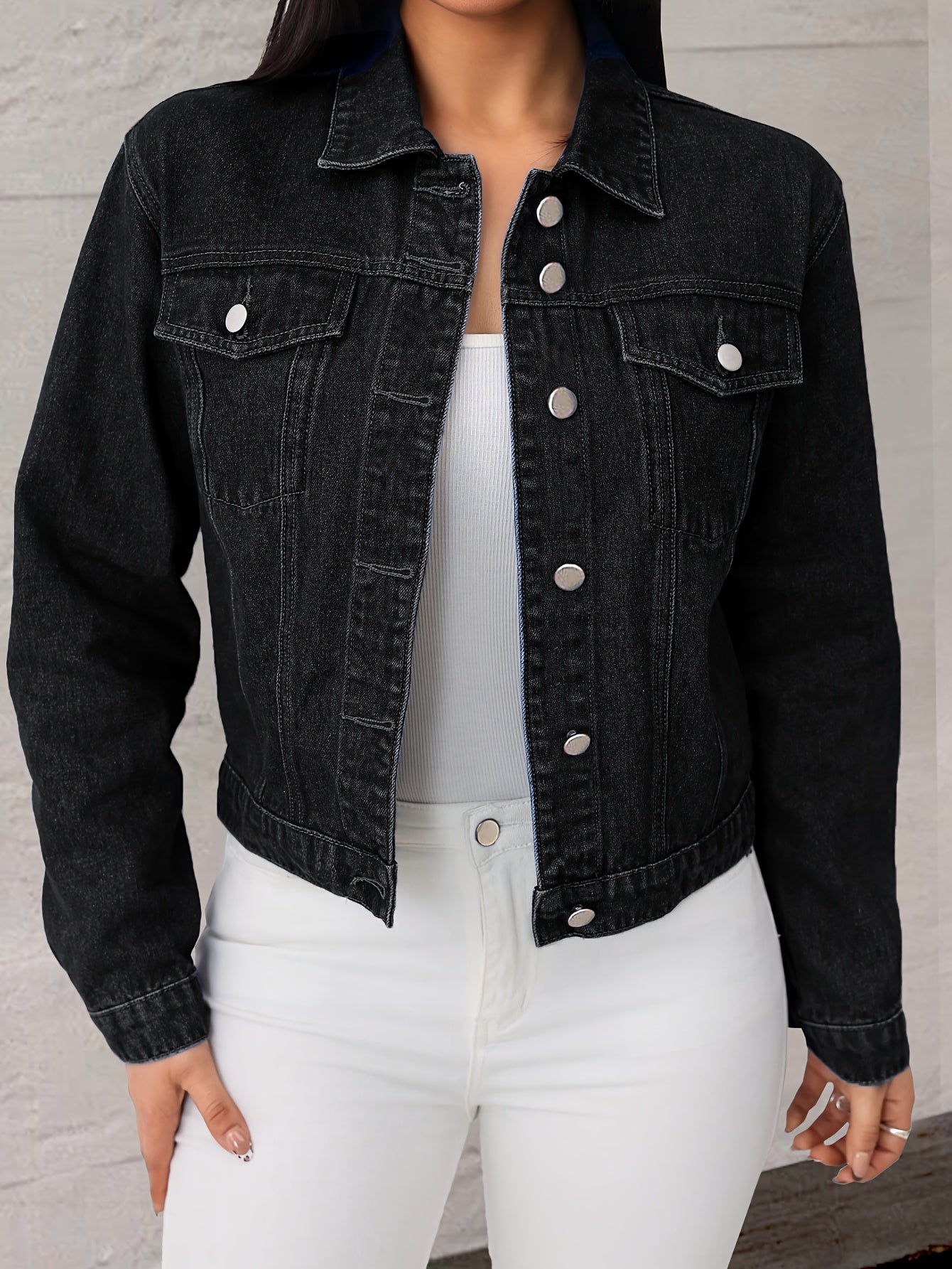 Women Black Denim Jacket Classic Button Front Long Sleeve Casual Outerwear Stylish Collared Short Coat with Pockets Soft Durable Fashion Streetwear Versatile All Season Layering Piece Comfortable Trendy Daily Outfit Essential Chic Modern Denim Style