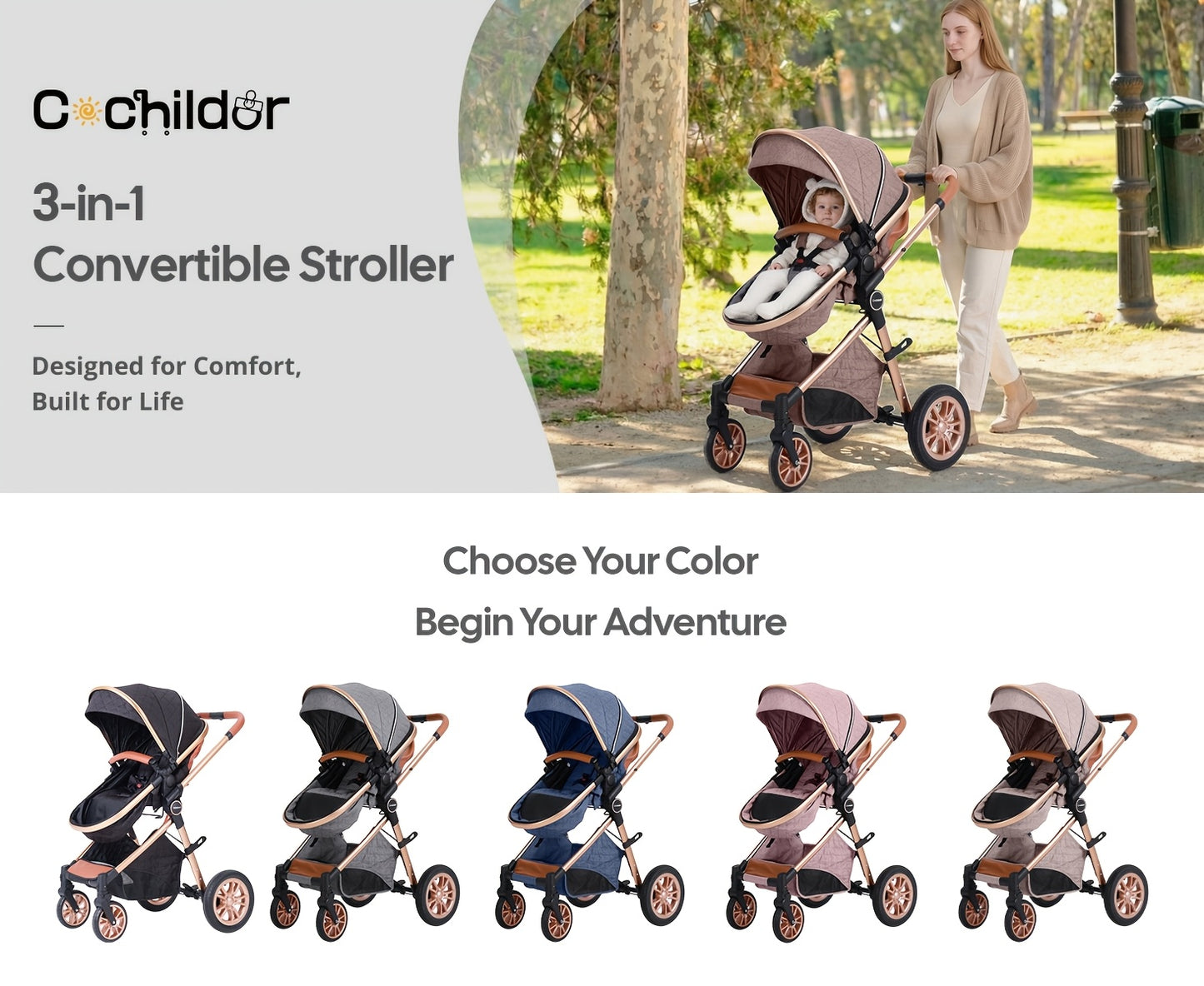 Cochildor Foldable Baby Stroller, Shock Absorption & All-Terrain Tires, Reversible Forward-Facing Push Adjustable Handlebar Large Sun Canopy Storage Basket, Lightweight Durable Polyester Frame, for Travel Shopping Park, Grey/Blue/Black
